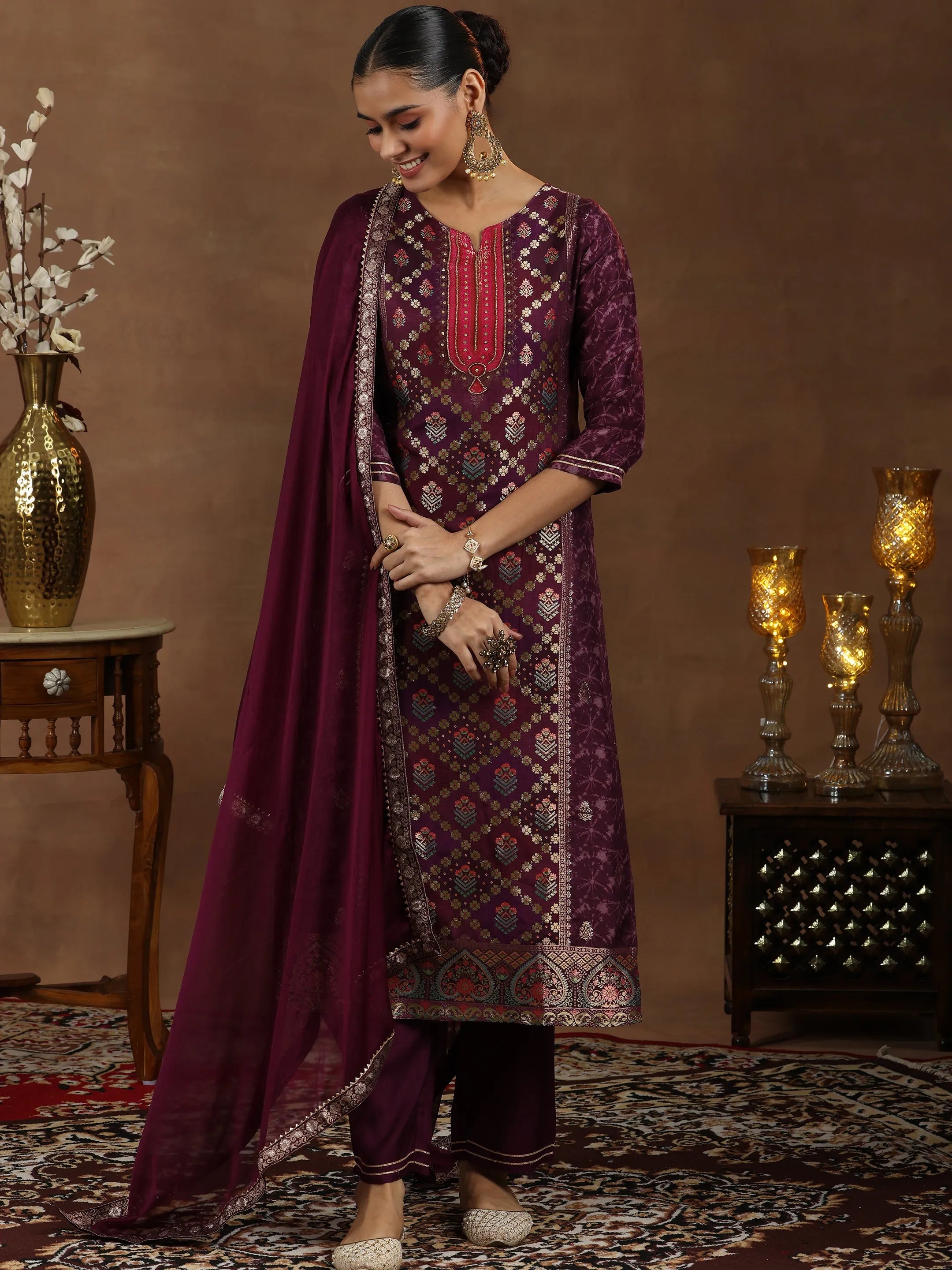 libas Wine Woven Design Silk Blend Straight Suit With Dupatta-picture-27