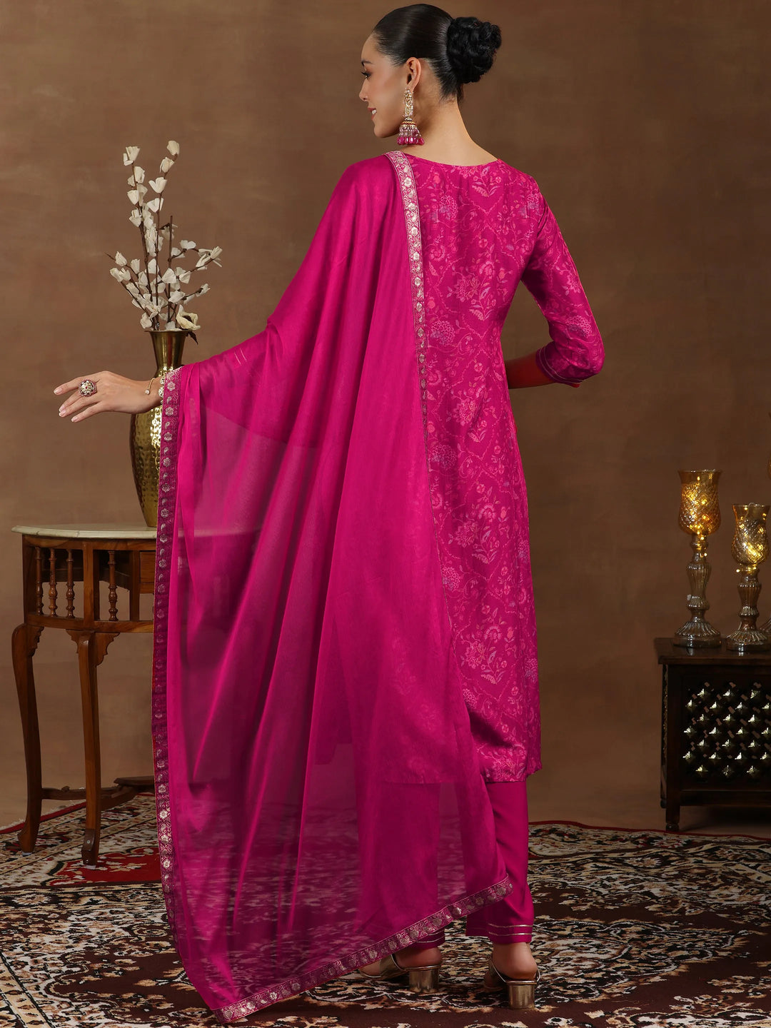  Pink Woven Design Silk Blend Straight Suit With Dupatta 