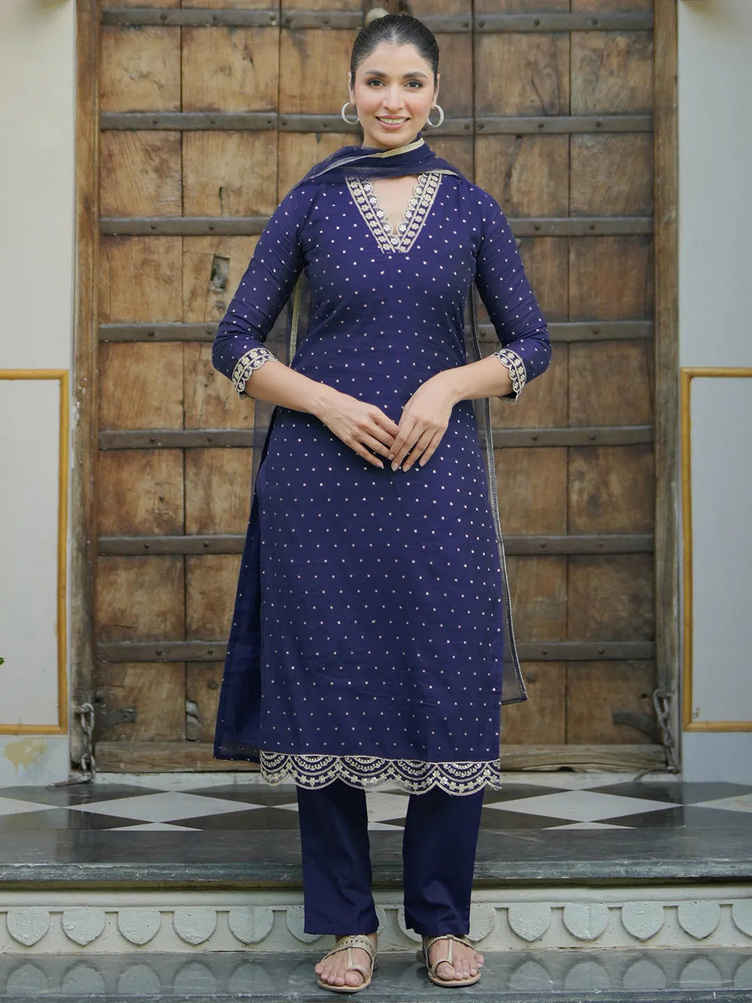 libas Blue Self Design Silk Blend Straight Suit With Dupatta-picture-18