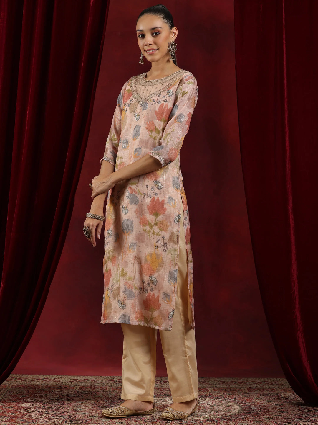  Peach Printed Organza Straight Suit With Dupatta 