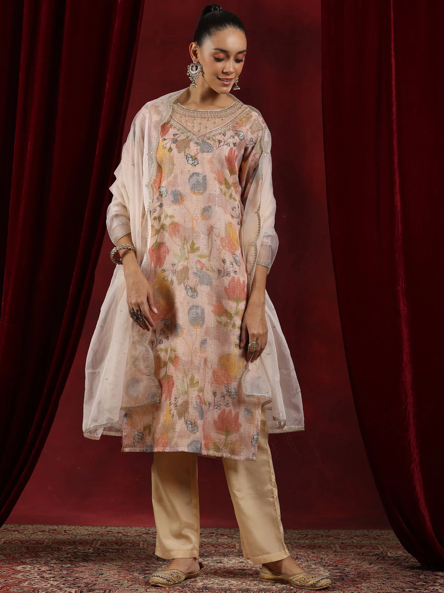 Libas Art Pink Embroidered Organza Straight Suit Set With Dupatta