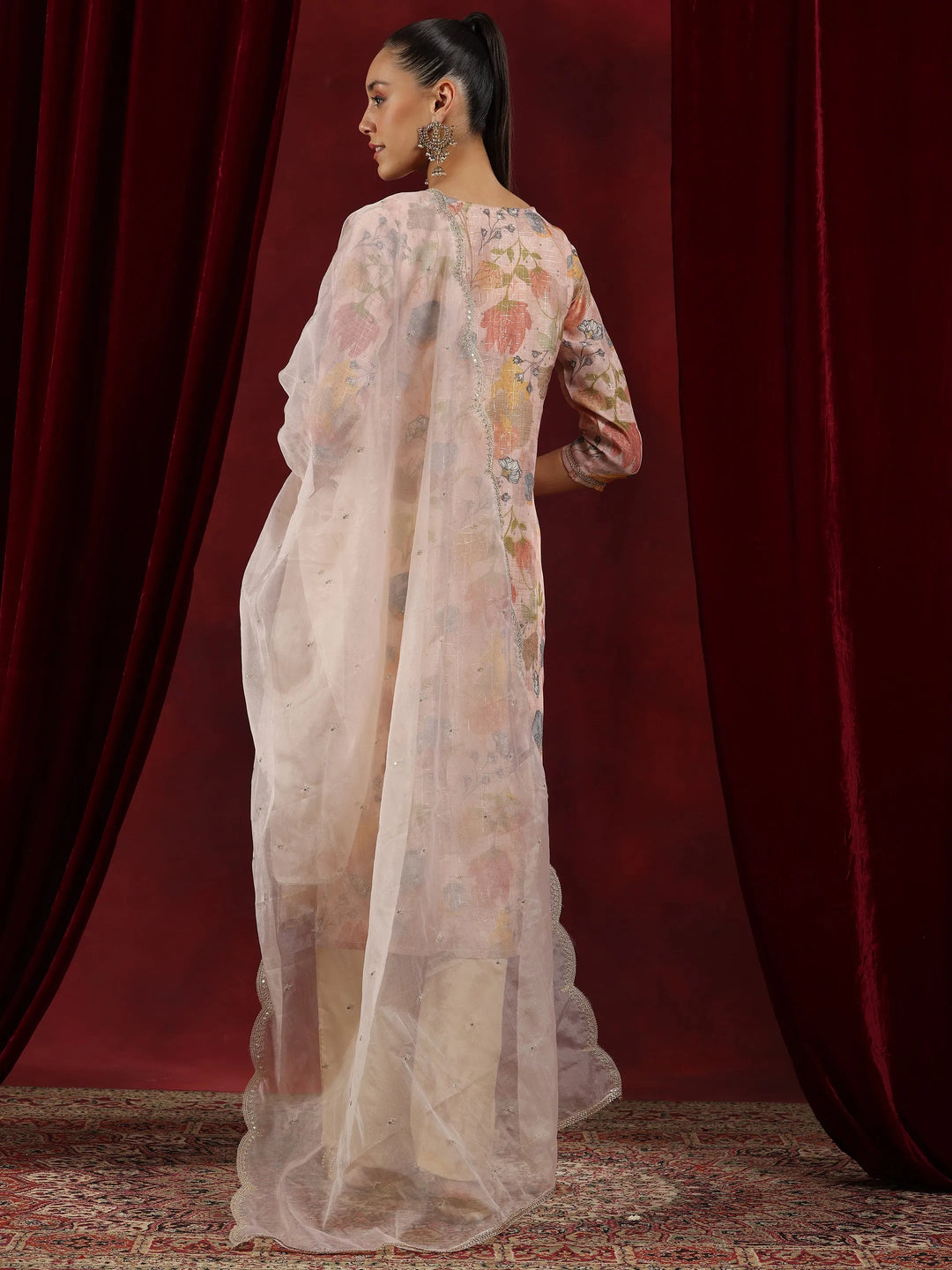 Peach Printed Organza Straight Suit With Dupatta 