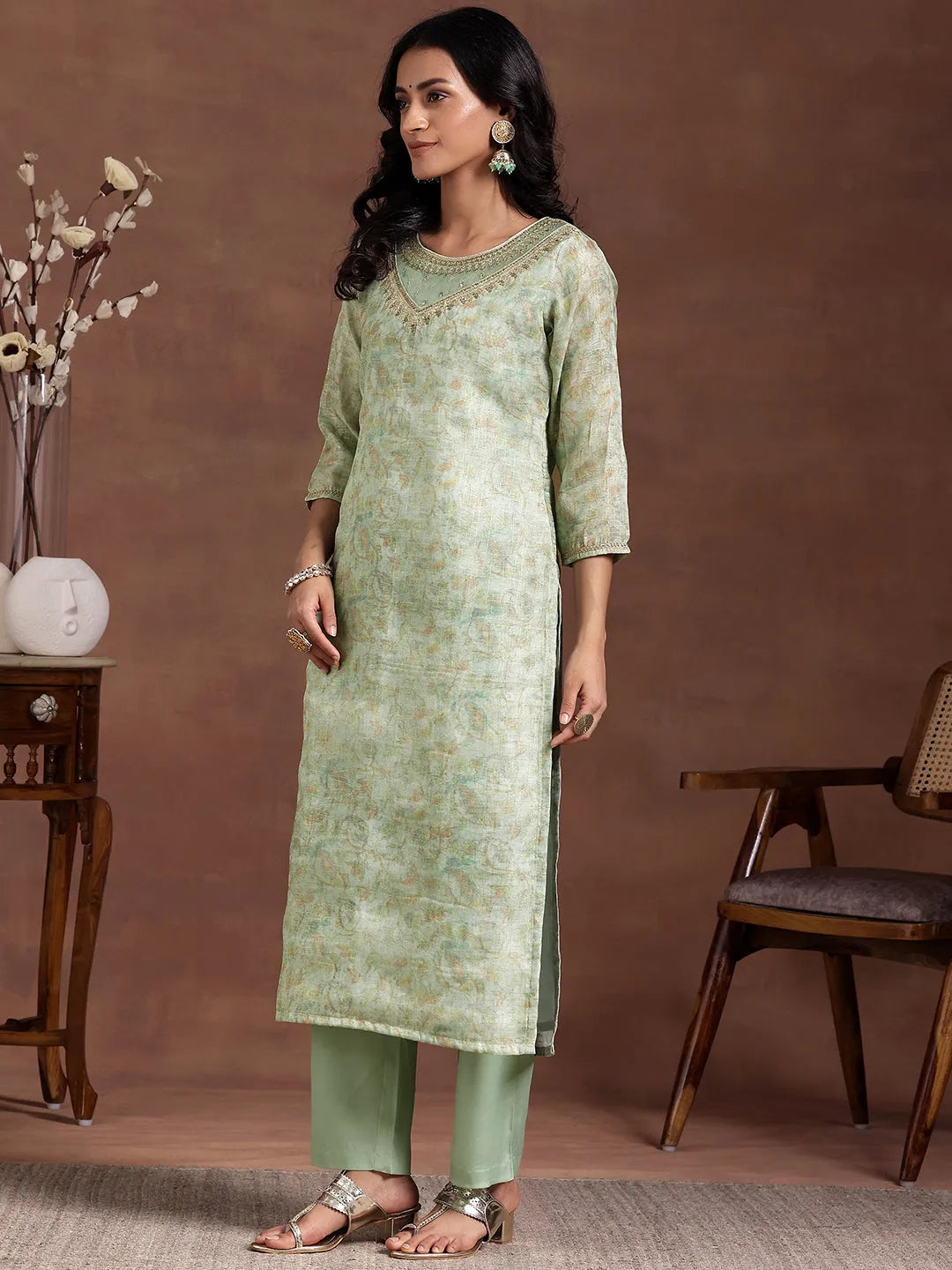  Green Printed Organza Straight Suit With Dupatta 