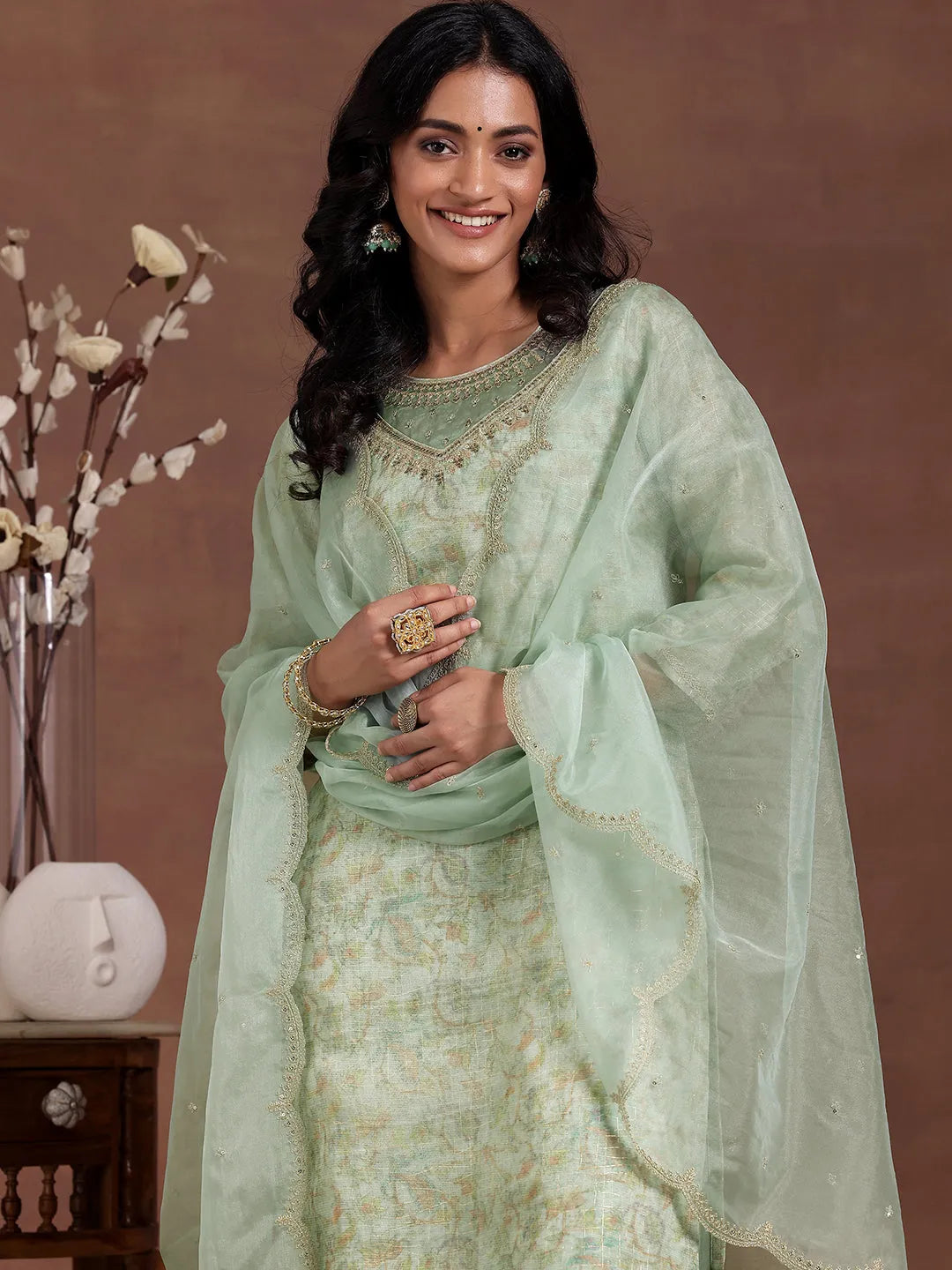  Green Printed Organza Straight Suit With Dupatta 