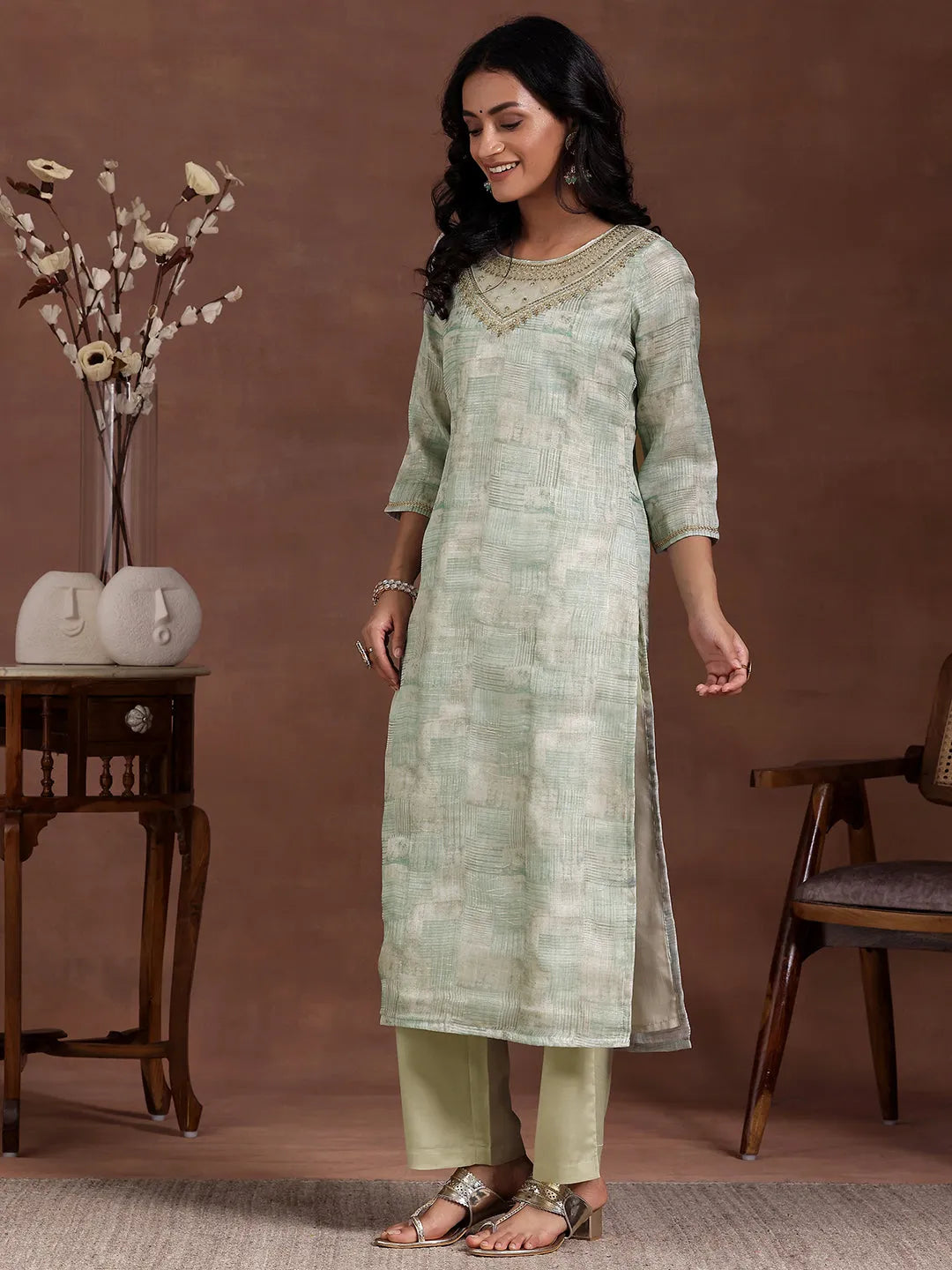  Green Printed Organza Straight Suit With Dupatta 