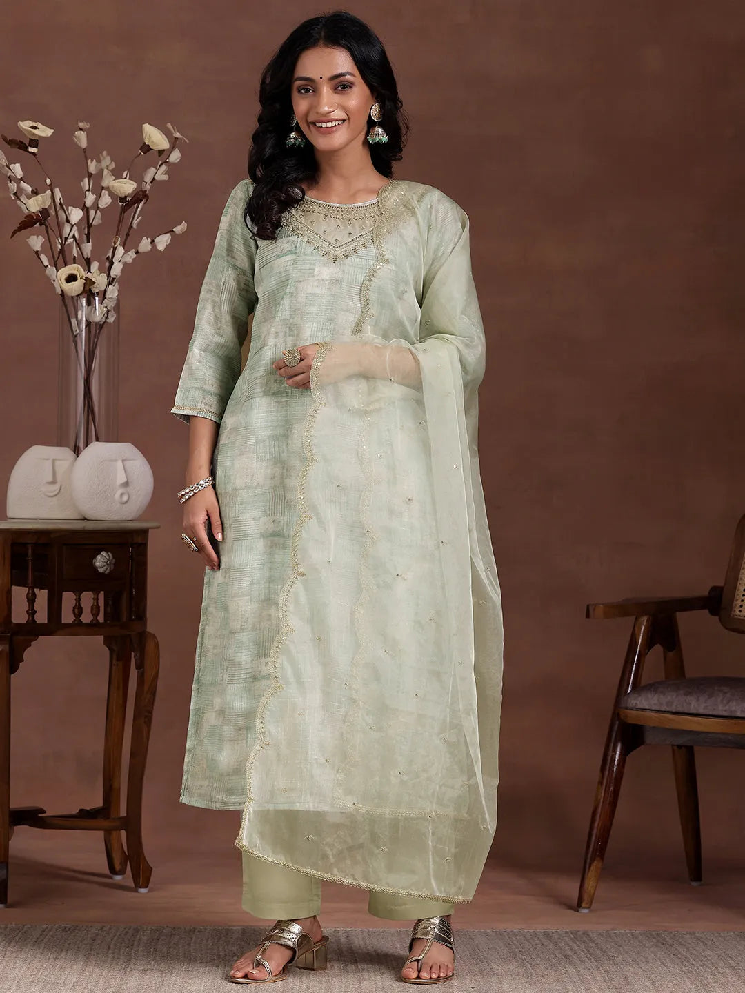  Green Printed Organza Straight Suit With Dupatta 