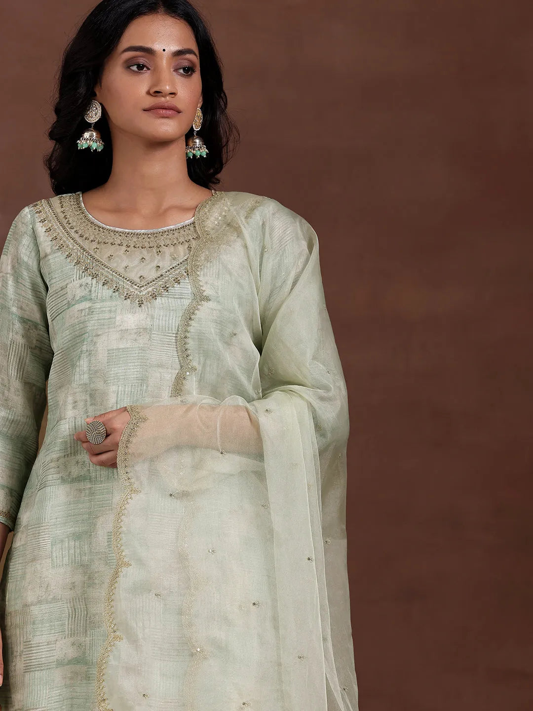  Green Printed Organza Straight Suit With Dupatta 