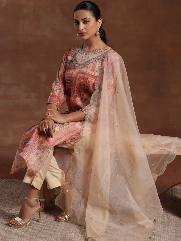 Gerua Peach Printed Organza Straight Suit With Dupatta