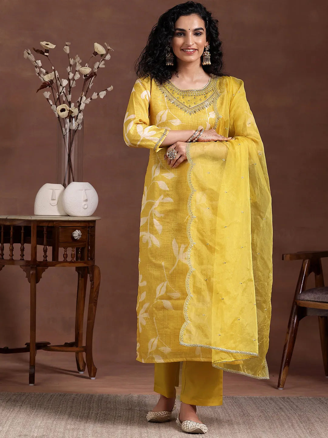 libas Mustard Printed Organza Straight Suit With Dupatta-picture-20
