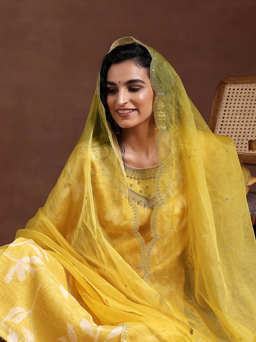 Mustard Printed Organza Straight Suit With Dupatta-image-26