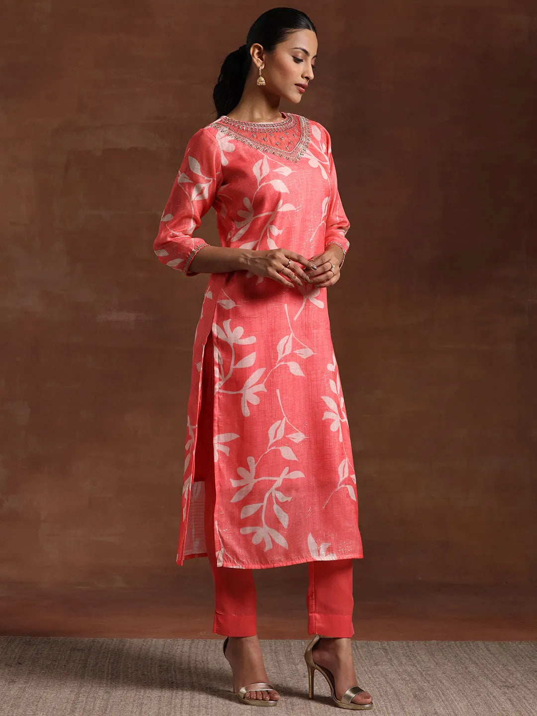  Coral Printed Organza Straight Suit With Dupatta 