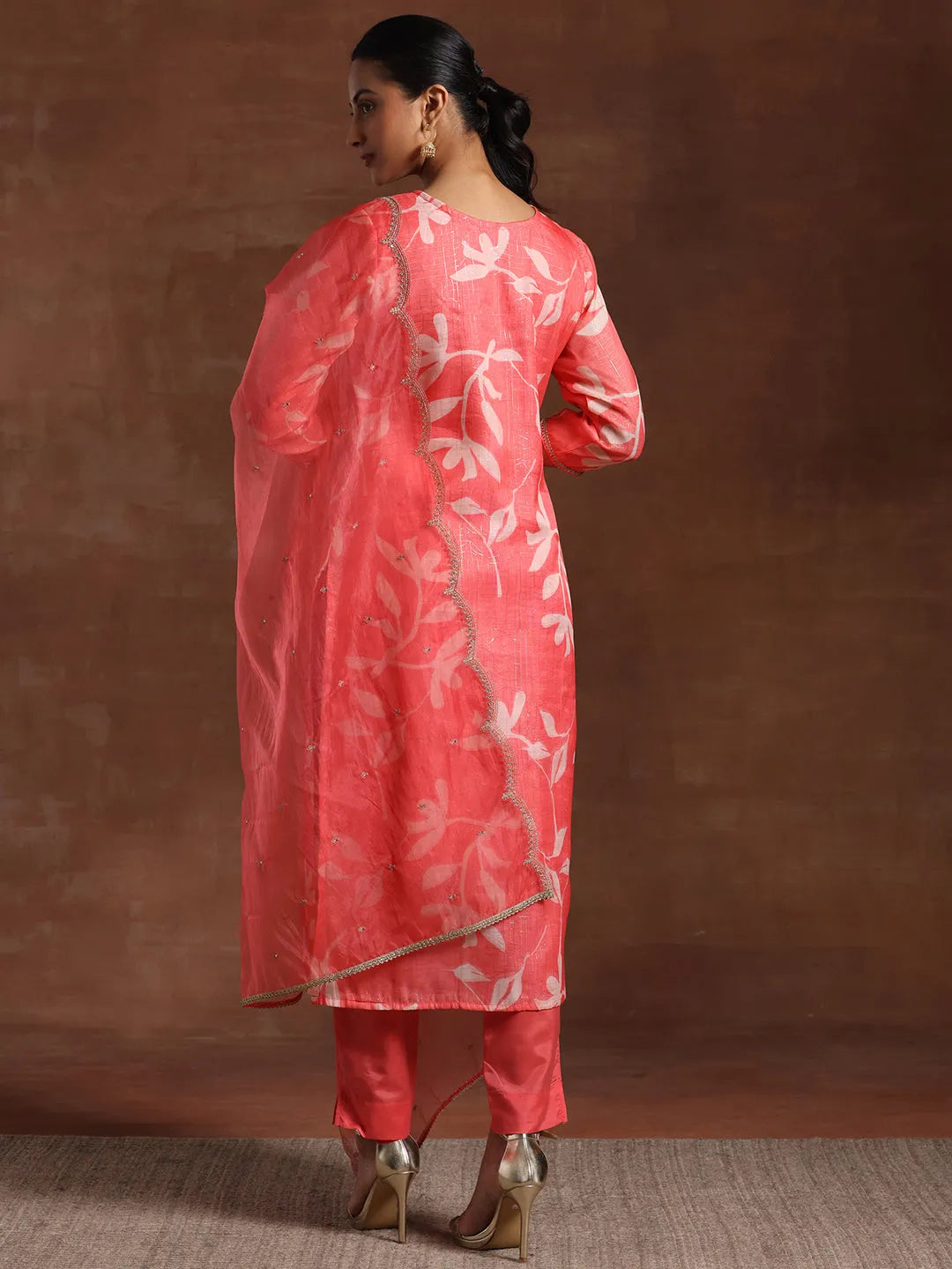  Coral Printed Organza Straight Suit With Dupatta 