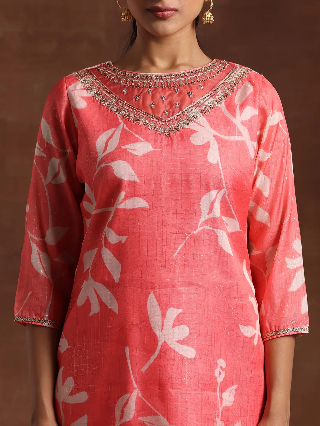  Coral Printed Organza Straight Suit With Dupatta 