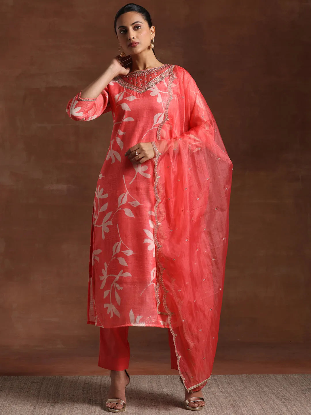  Coral Printed Organza Straight Suit With Dupatta 