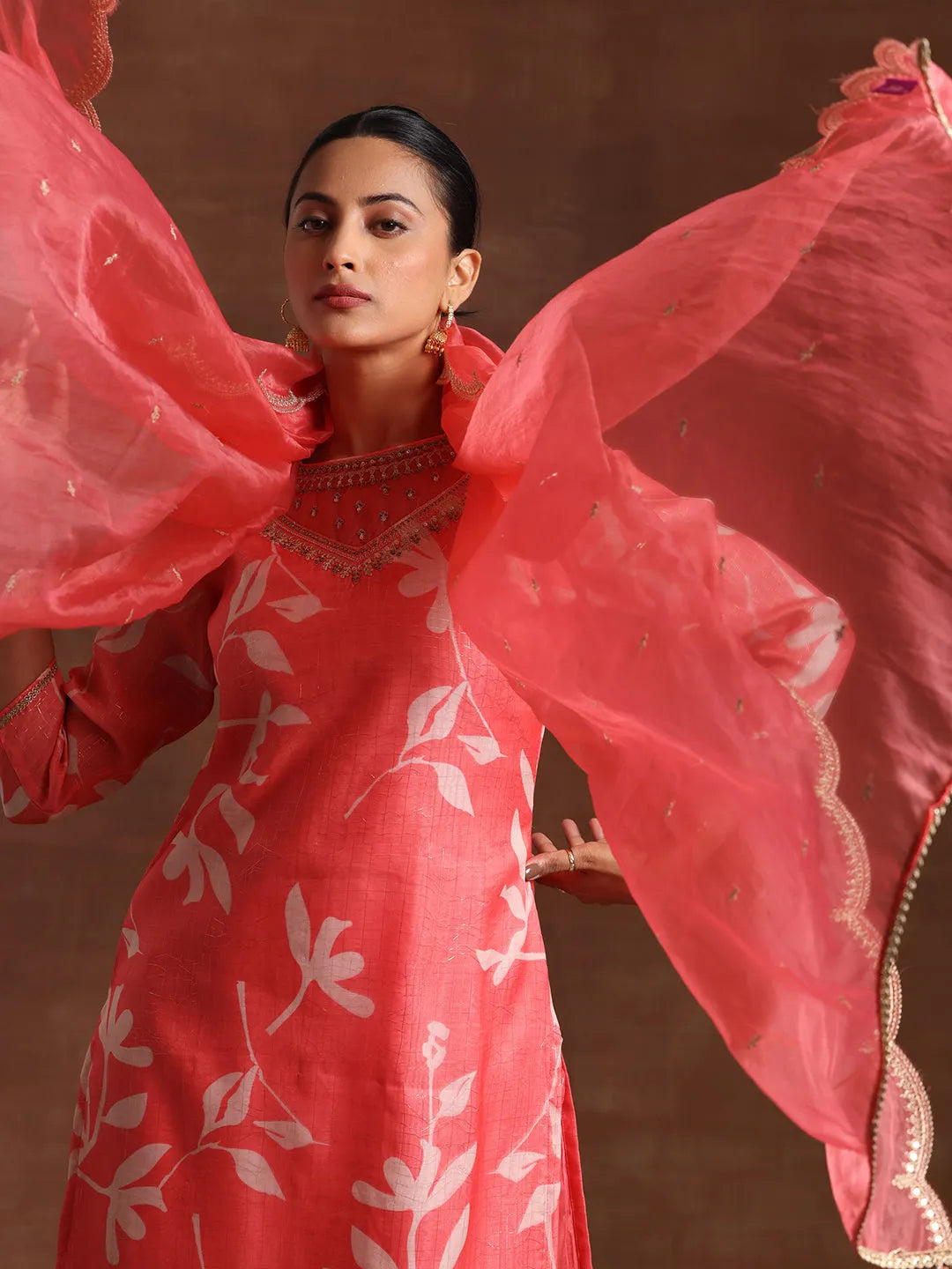  Coral Printed Organza Straight Suit With Dupatta 