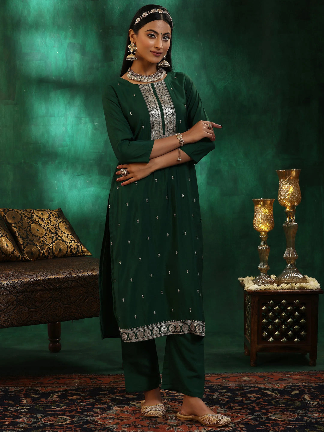  Green Self Design Silk Blend Straight Suit With Dupatta 