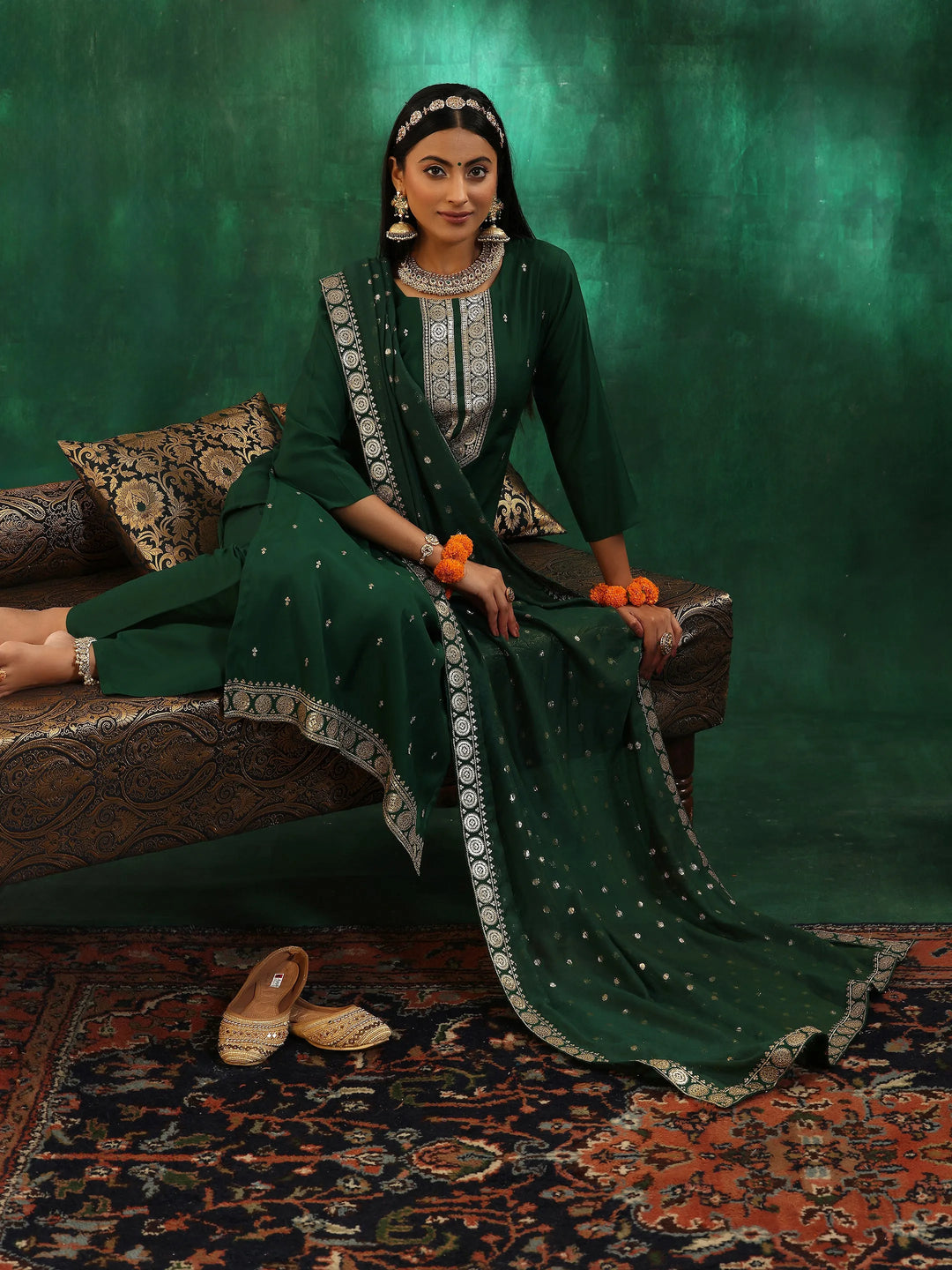  Green Self Design Silk Blend Straight Suit With Dupatta 
