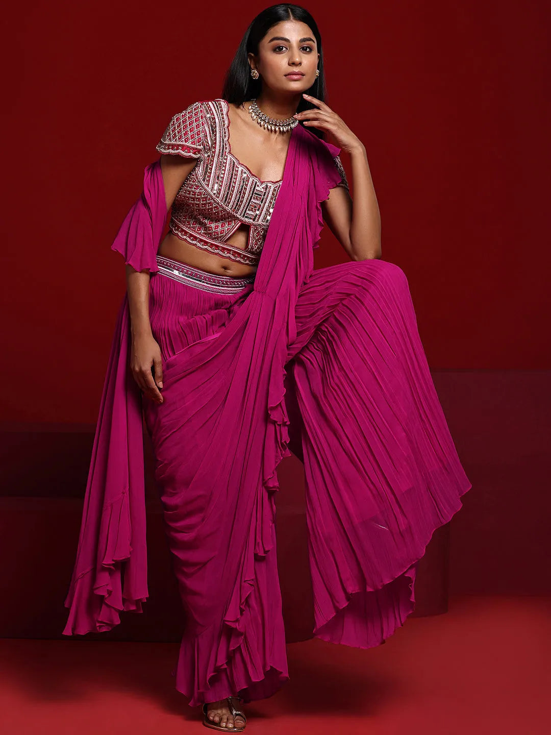  Libas Art Pink Embellished Silk Blend Palazzo Saree 