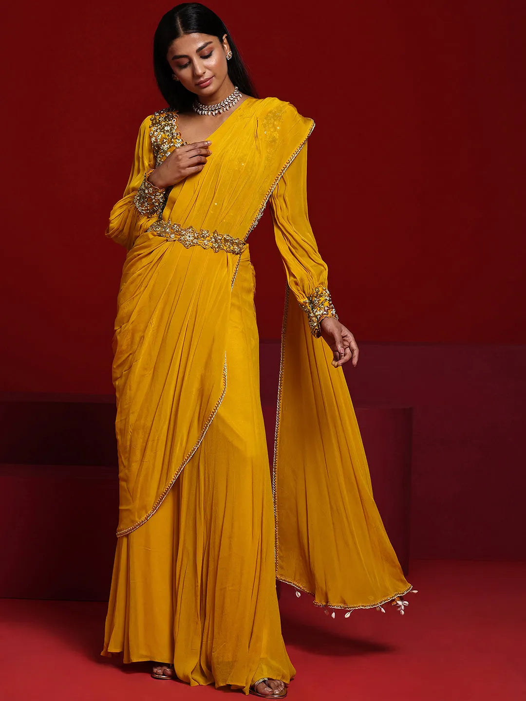  Libas Art Mustard Embellished Silk Blend Palazzo Saree 