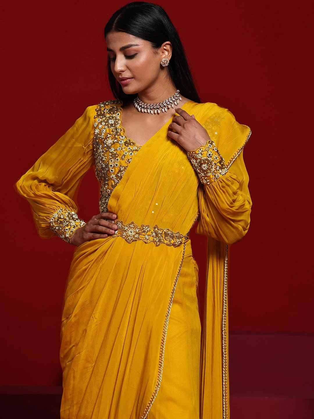  Libas Art Mustard Embellished Silk Blend Palazzo Saree 
