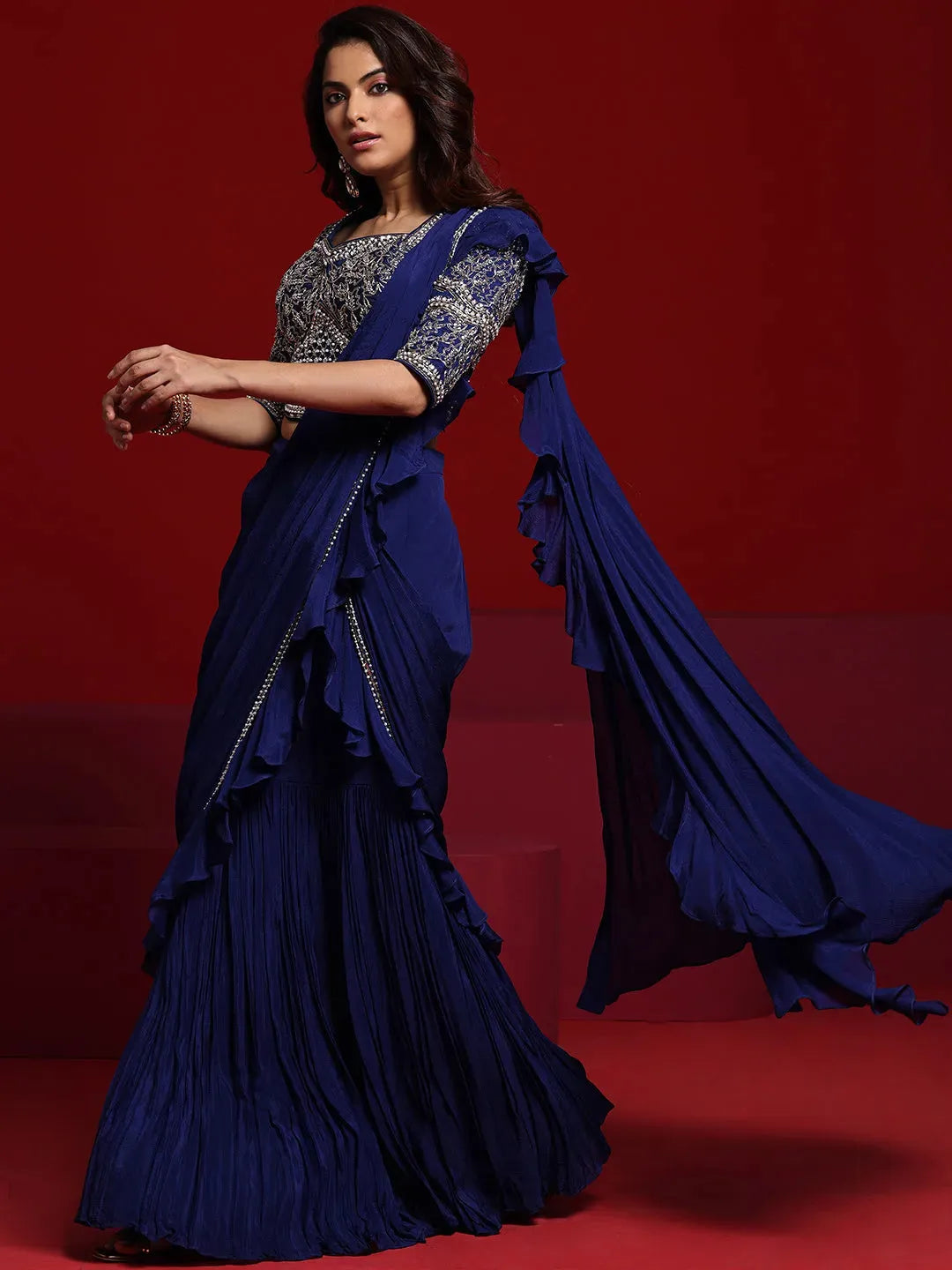  Libas Art Blue Embellished Silk Blend Skirt Saree 