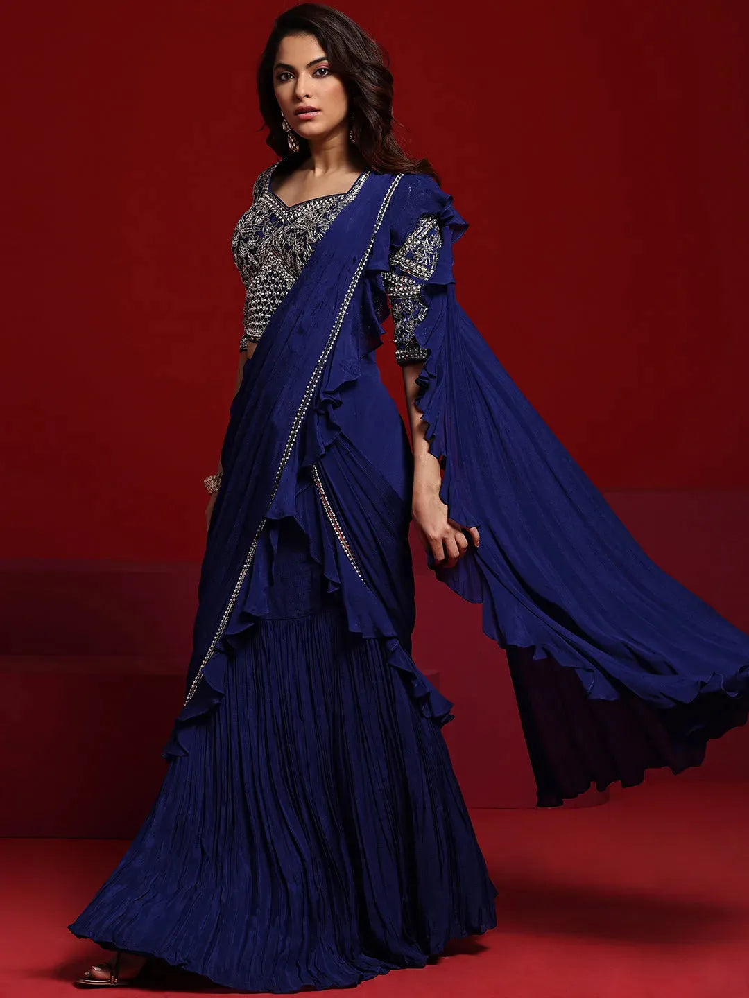  Libas Art Blue Embellished Silk Blend Skirt Saree 