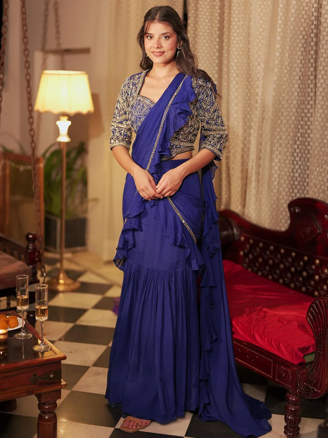 Buy Libas Art Blue Embellished Silk Blend Skirt Saree Online at Rs.9099 ...