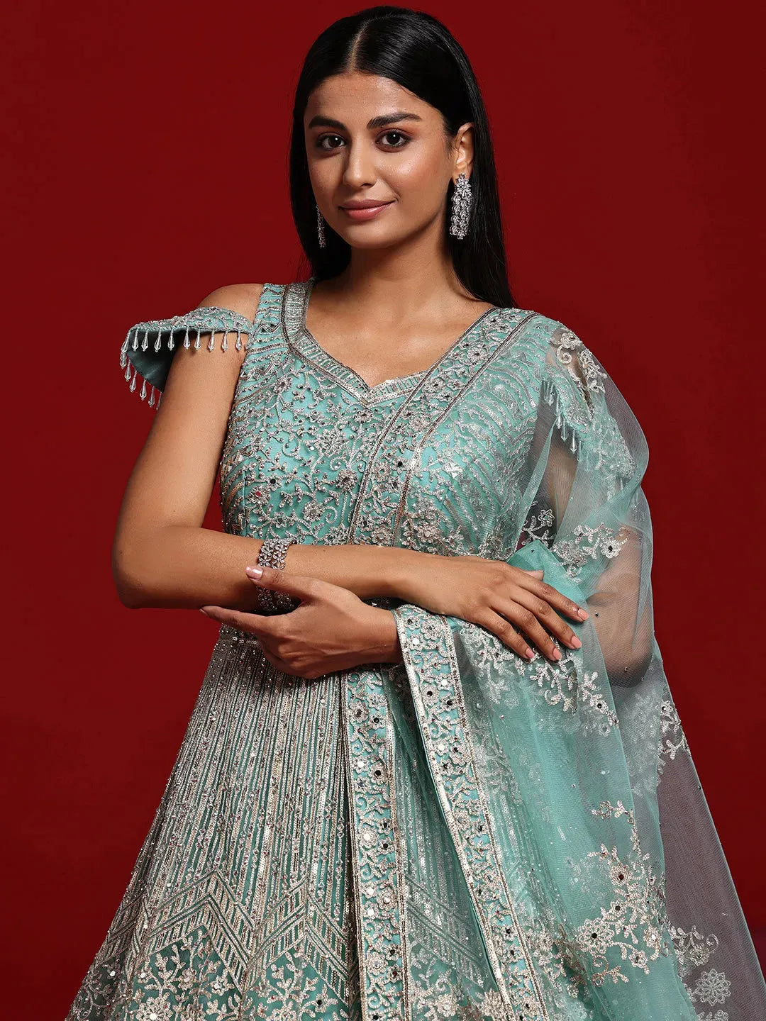  Libas Art Sea Green Embellished Nylon Gown With Dupatta 