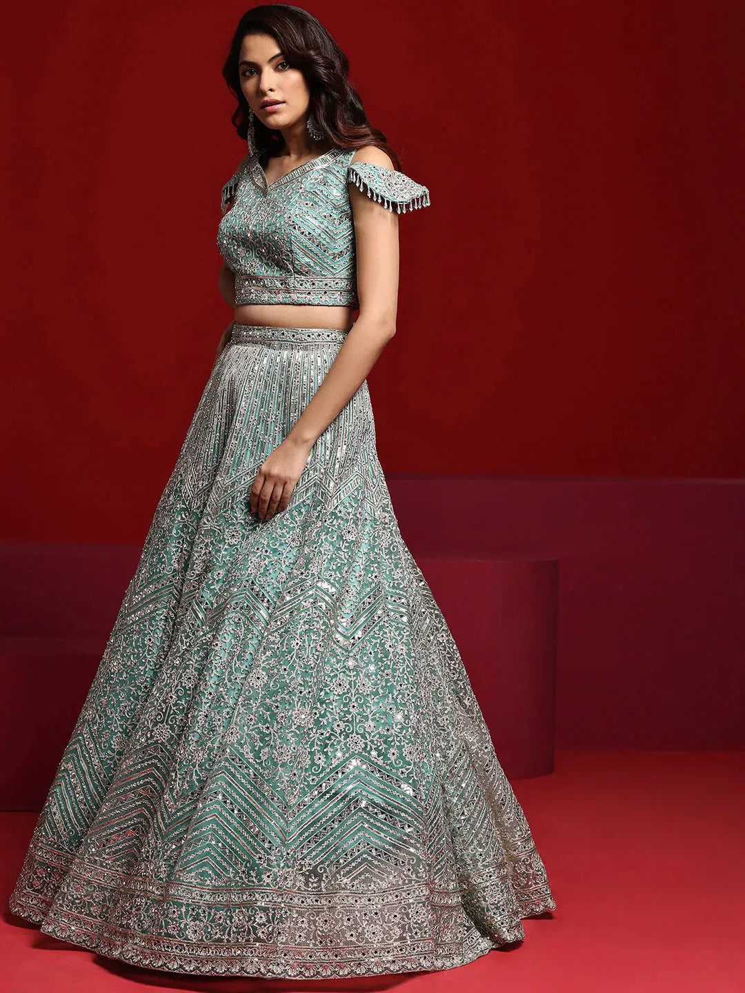  Libas Art Sea Green Embellished Net Lehenga Set 