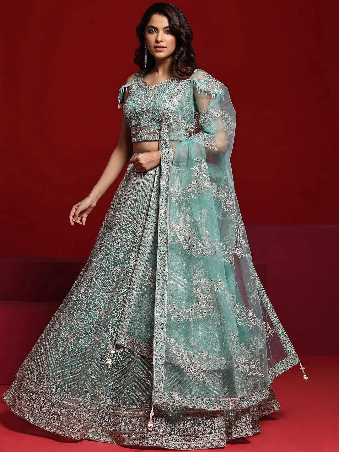 Libas Art Sea Green Embellished Net Lehenga Set 