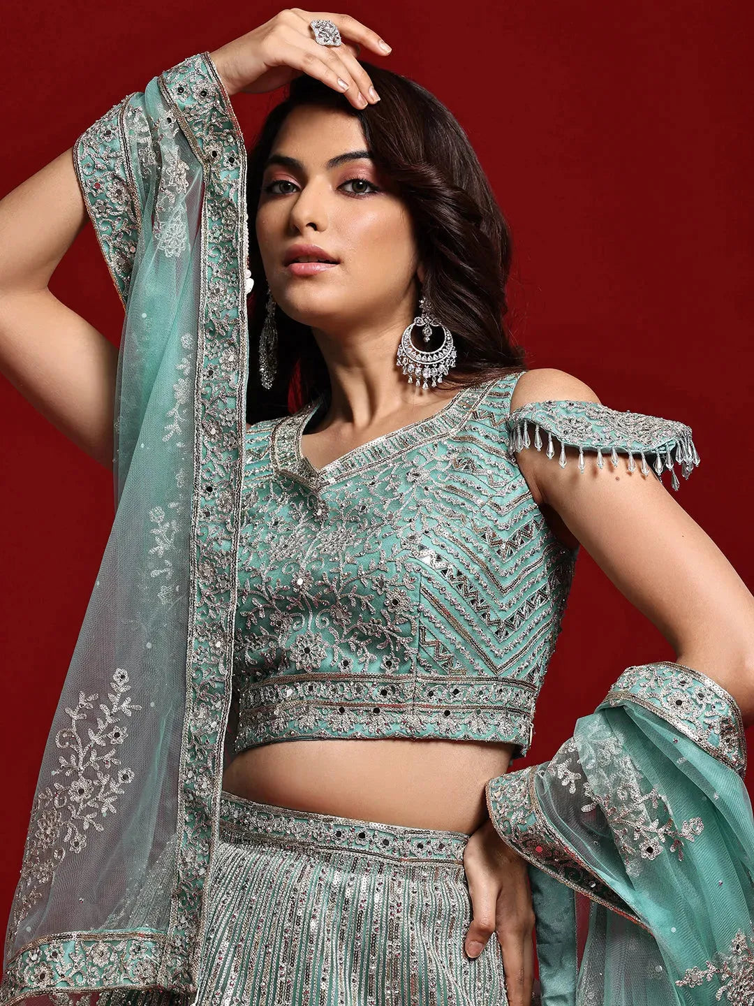  Libas Art Sea Green Embellished Net Lehenga Set 