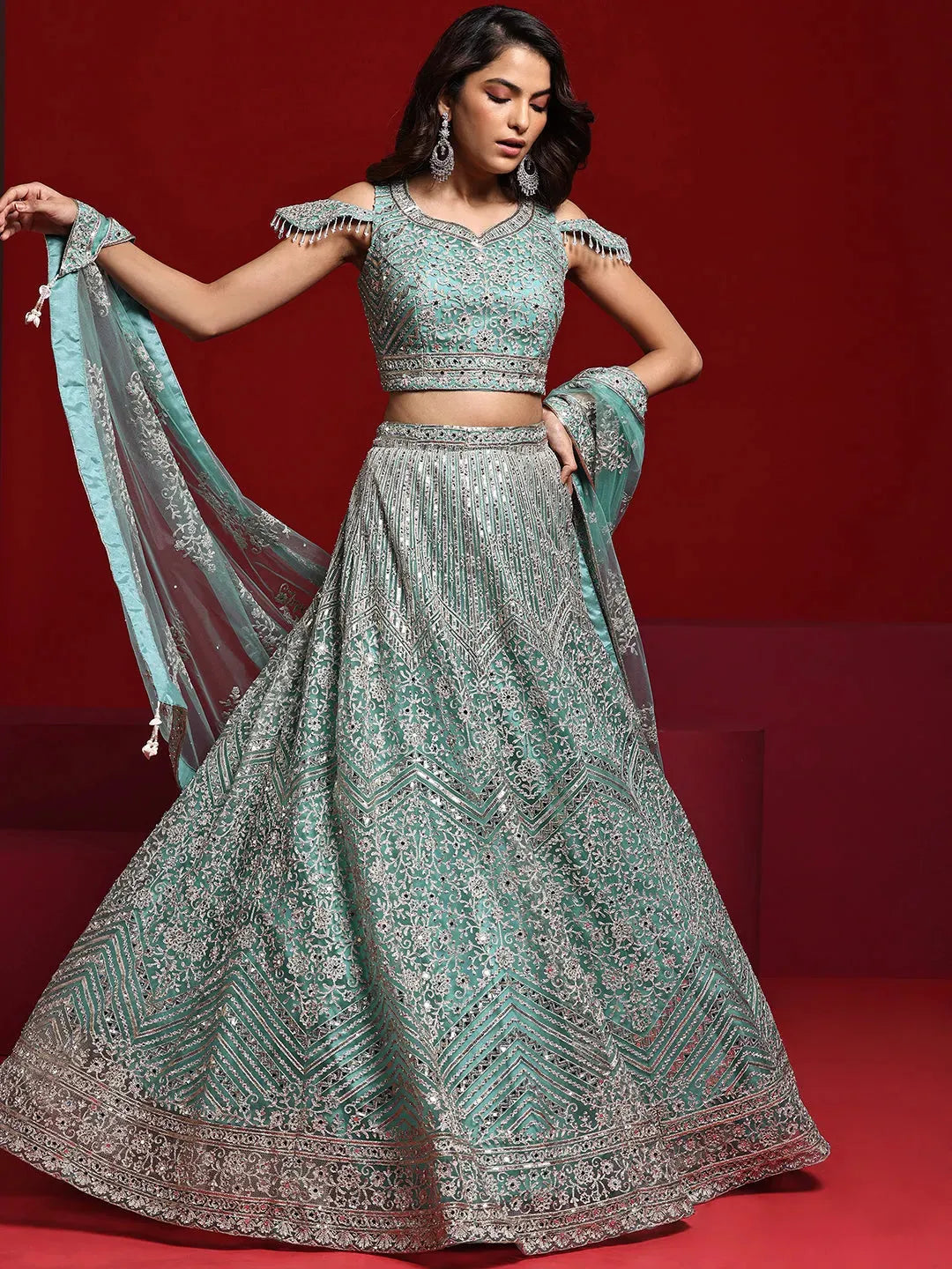  Libas Art Sea Green Embellished Net Lehenga Set 