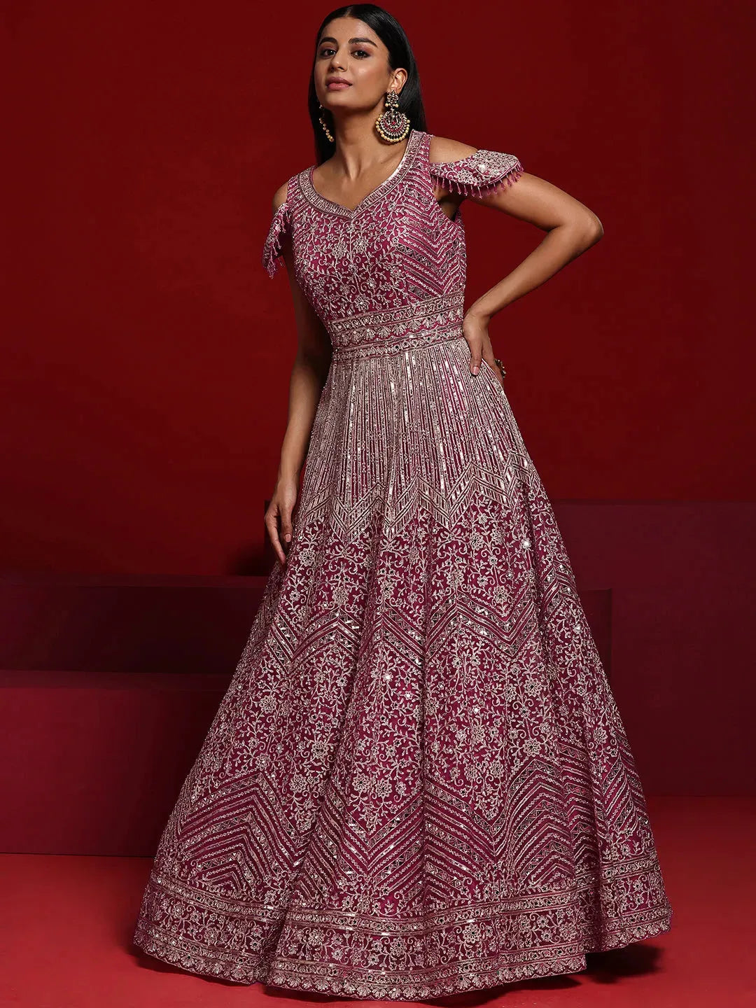  Libas Art Pink Embellished Nylon Gown With Dupatta 