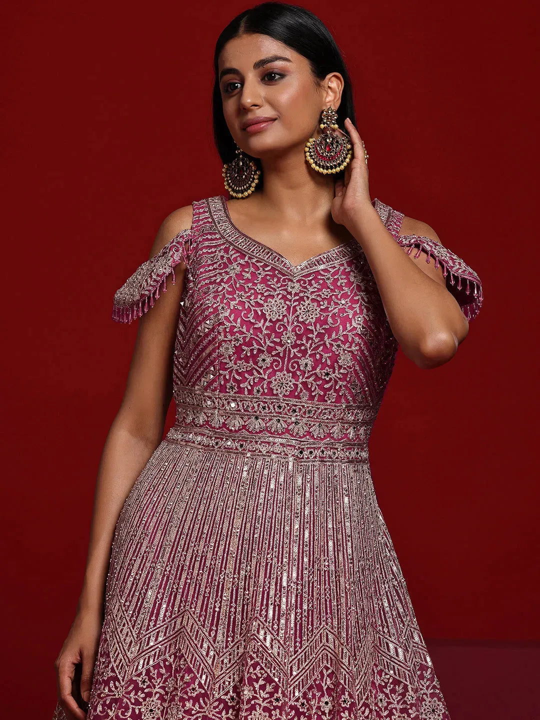  Libas Art Pink Embellished Nylon Gown With Dupatta 