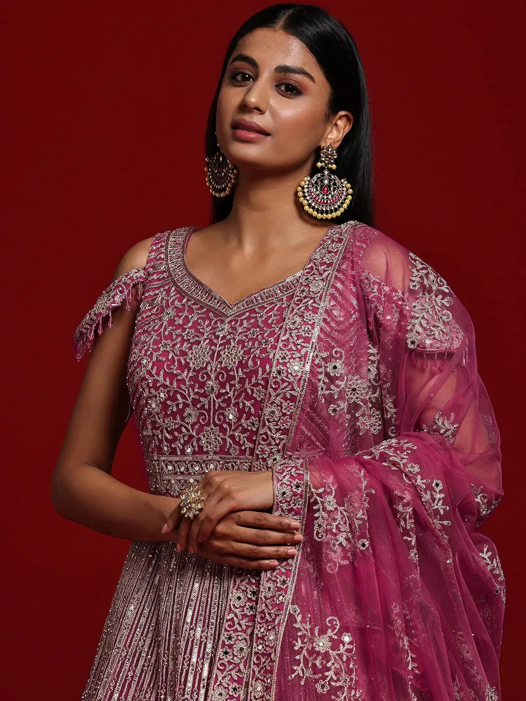  Libas Art Pink Embellished Nylon Gown With Dupatta 