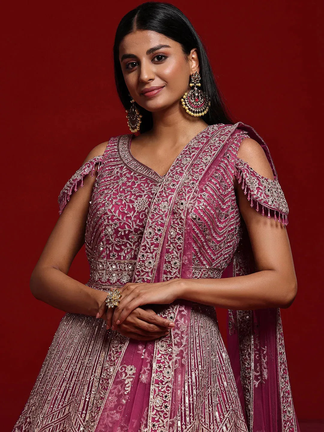  Libas Art Pink Embellished Nylon Gown With Dupatta 