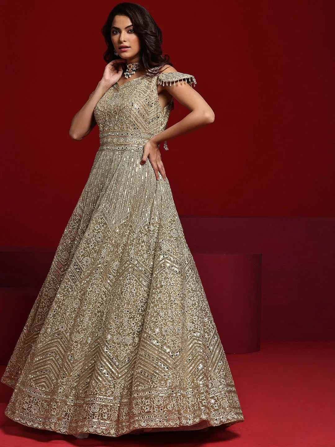  Libas Art Beige Embellished Nylon Gown With Dupatta 