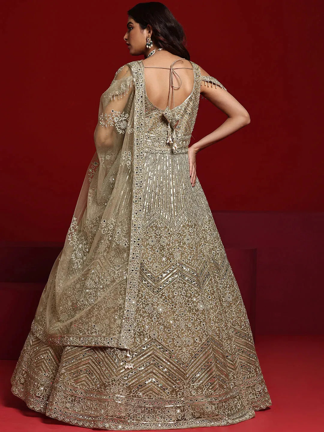  Libas Art Beige Embellished Nylon Gown With Dupatta 