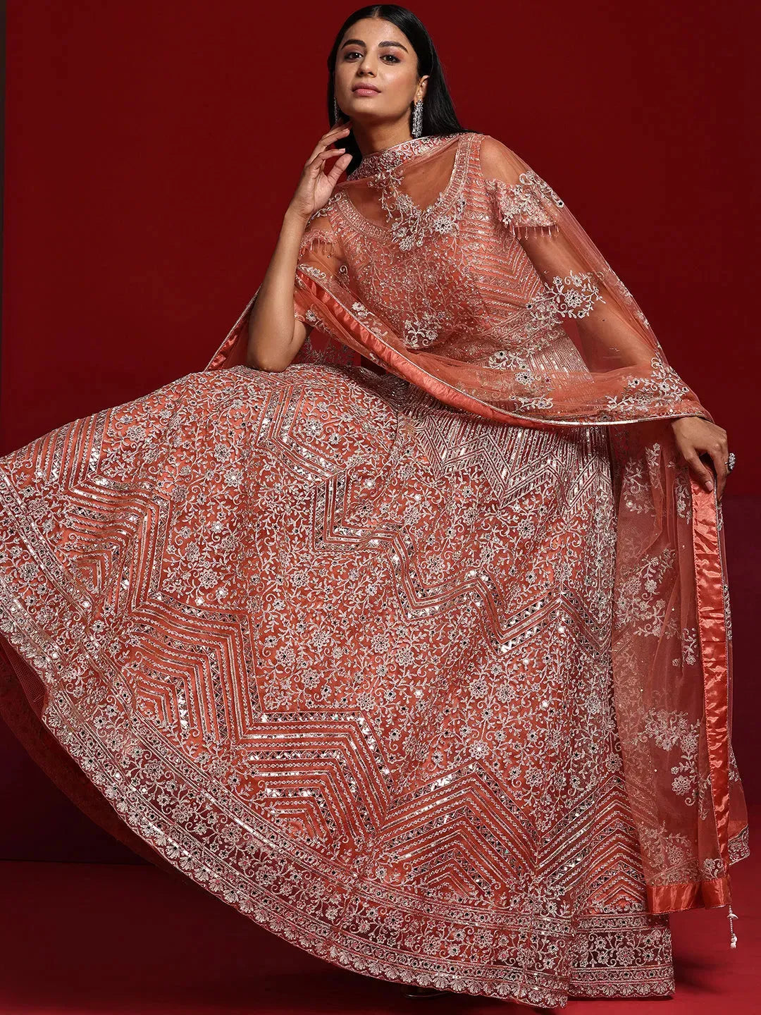  Libas Art Peach Orange Embellished Nylon Gown With Dupatta 