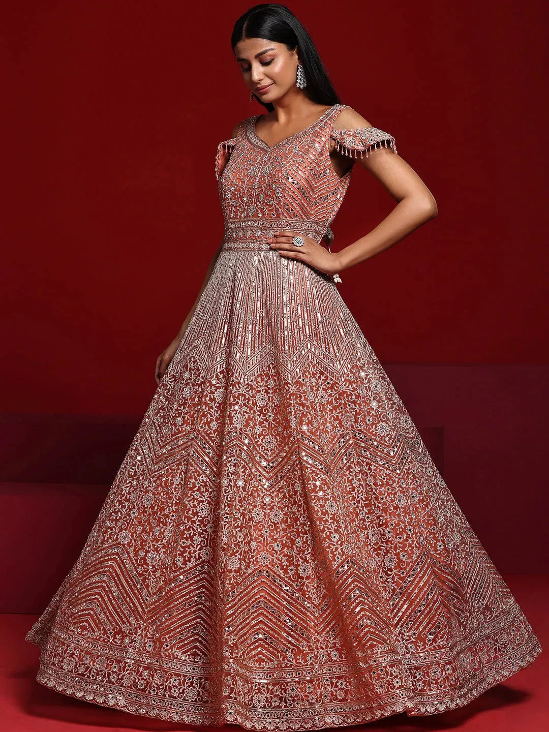  Libas Art Peach Orange Embellished Nylon Gown With Dupatta 
