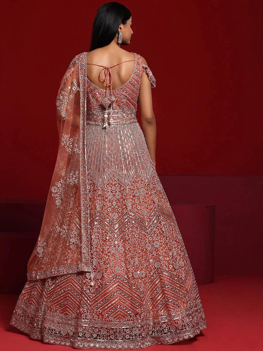  Libas Art Peach Orange Embellished Nylon Gown With Dupatta 