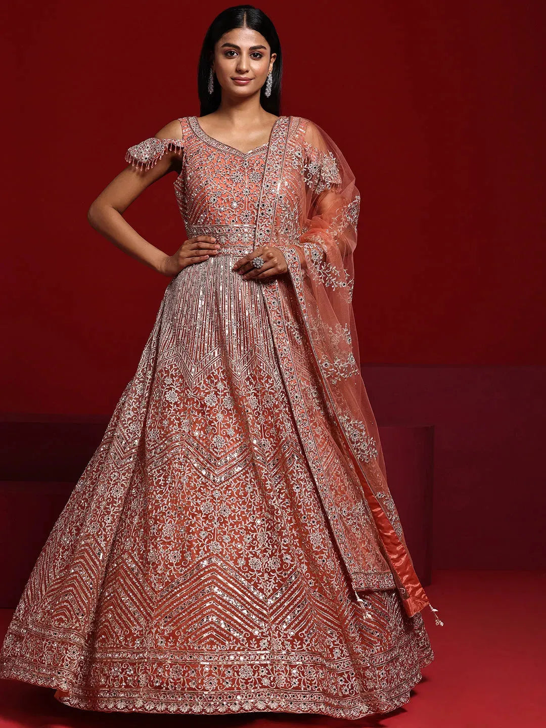  Libas Art Peach Orange Embellished Nylon Gown With Dupatta 