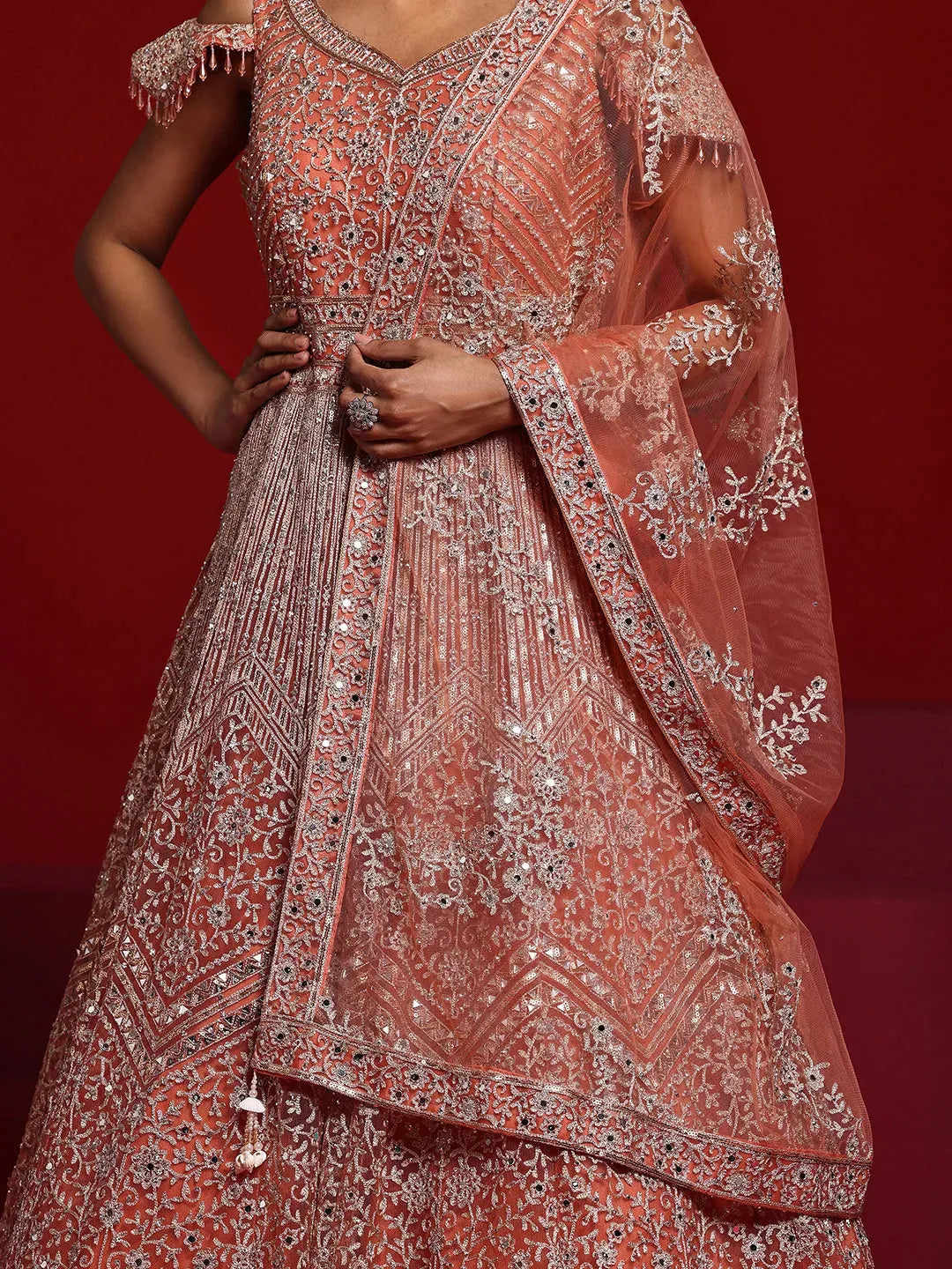  Libas Art Peach Orange Embellished Nylon Gown With Dupatta 