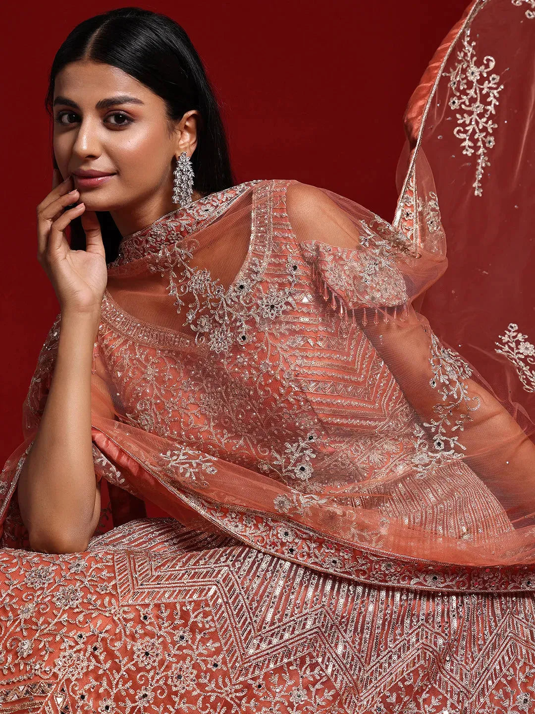  Libas Art Peach Orange Embellished Nylon Gown With Dupatta 