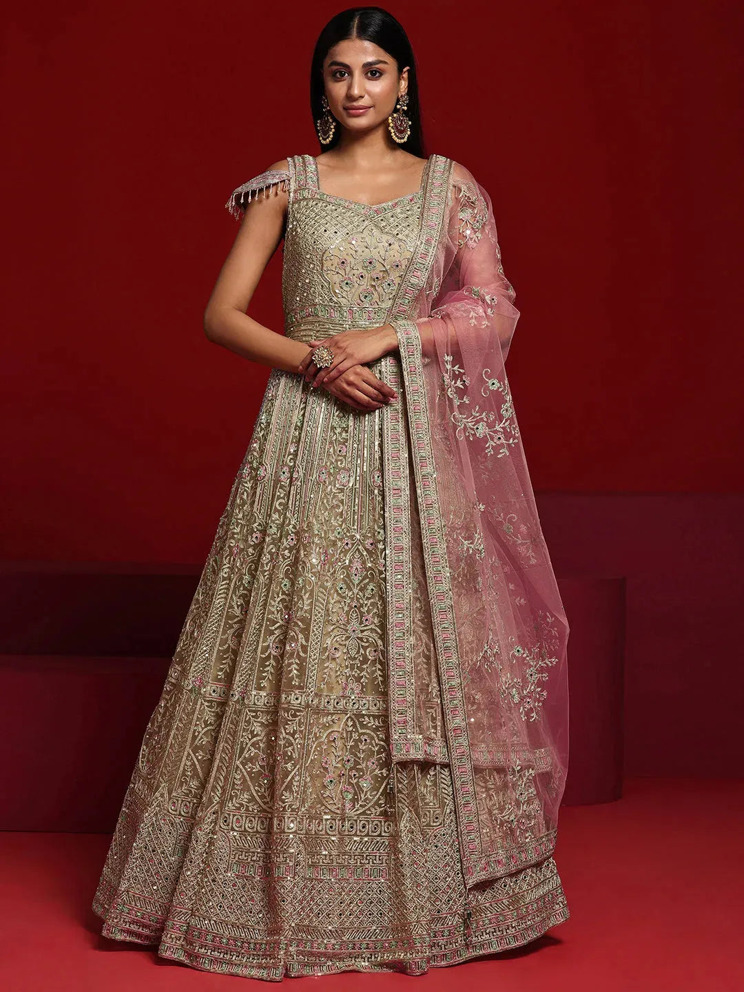  Libas Art Beige Embellished Nylon Gown With Dupatta 