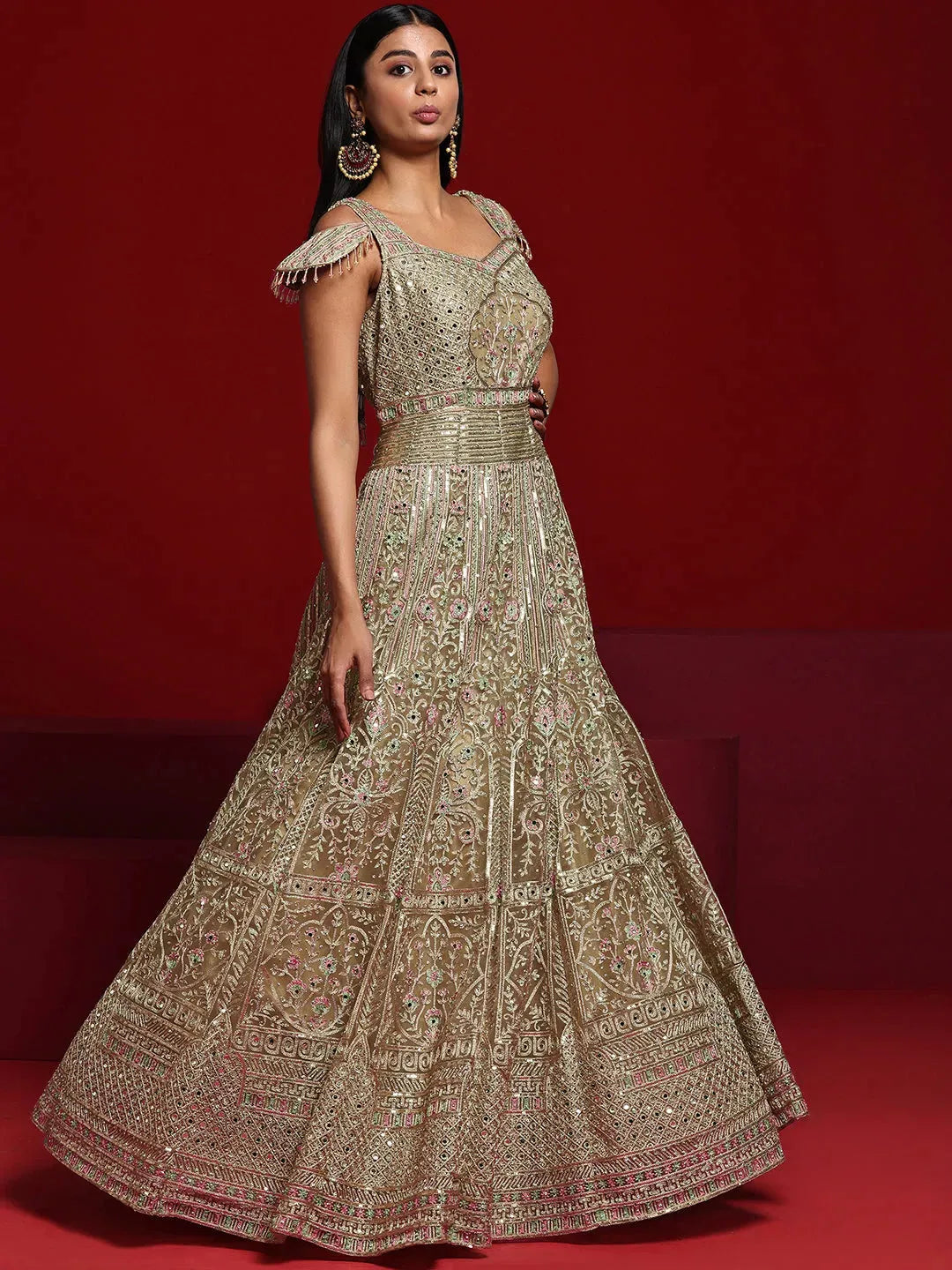 Libas Art Beige Embellished Nylon Gown With Dupatta 