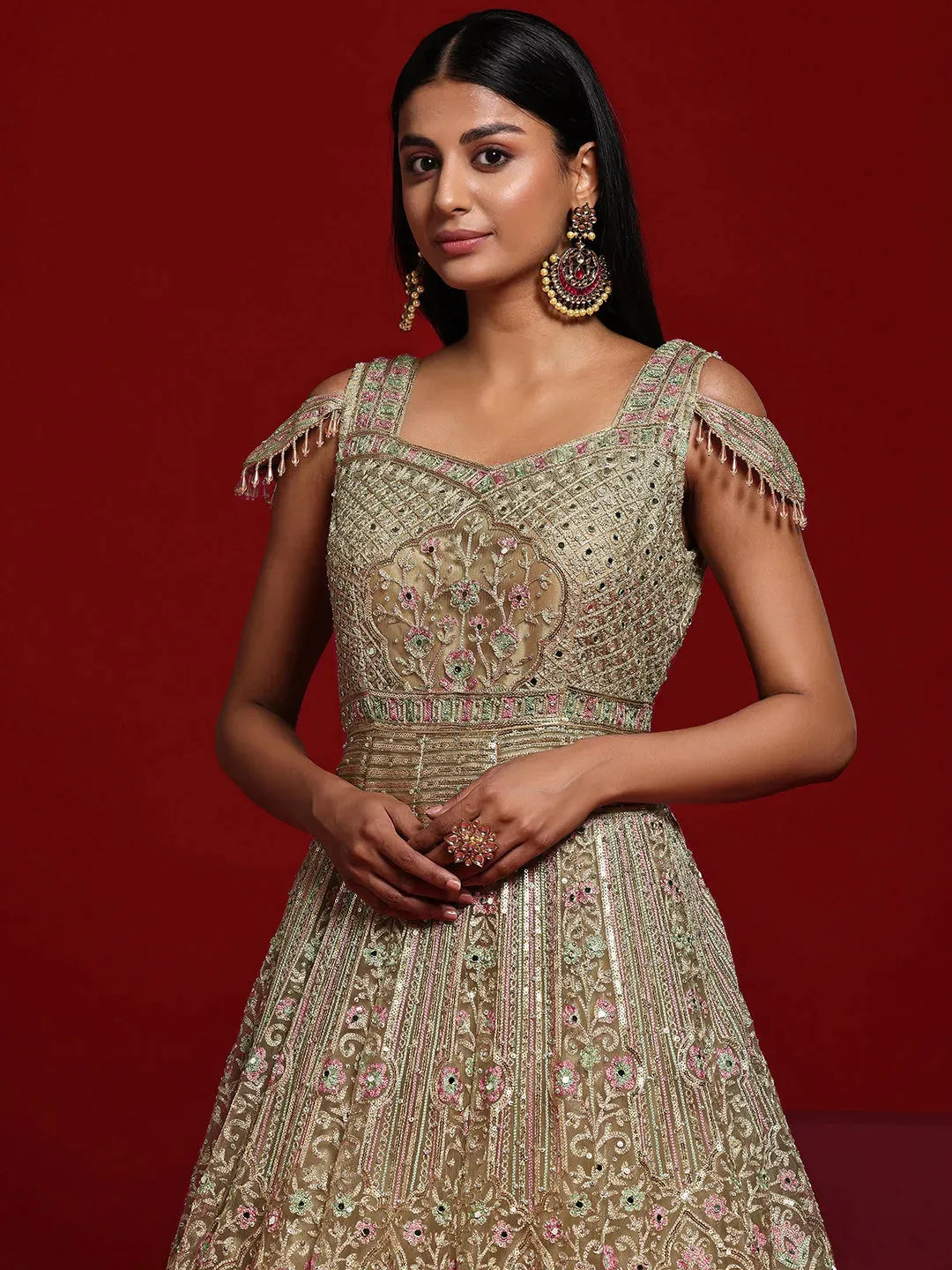  Libas Art Beige Embellished Nylon Gown With Dupatta 