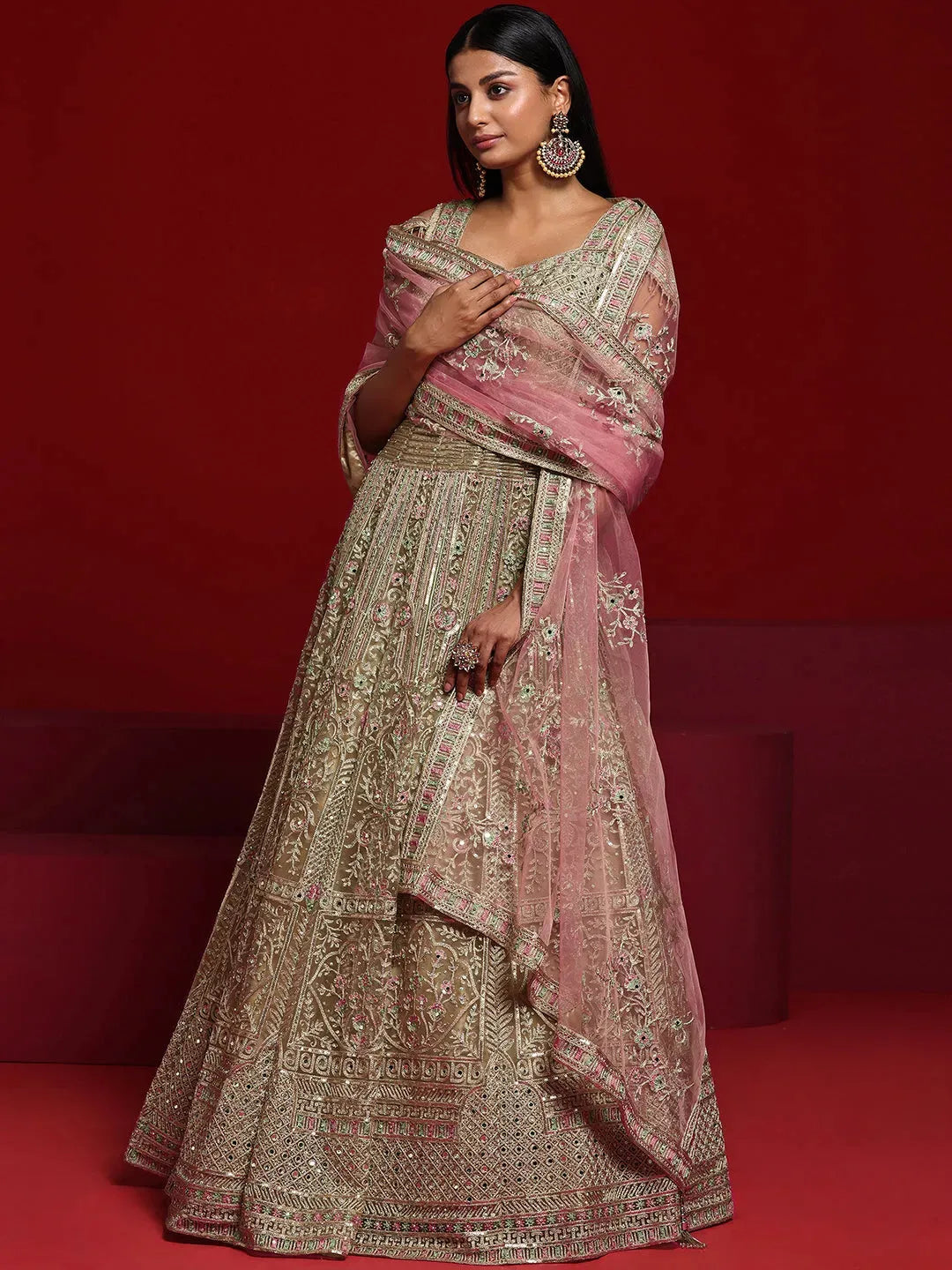 Libas Art Beige Embellished Nylon Gown With Dupatta 