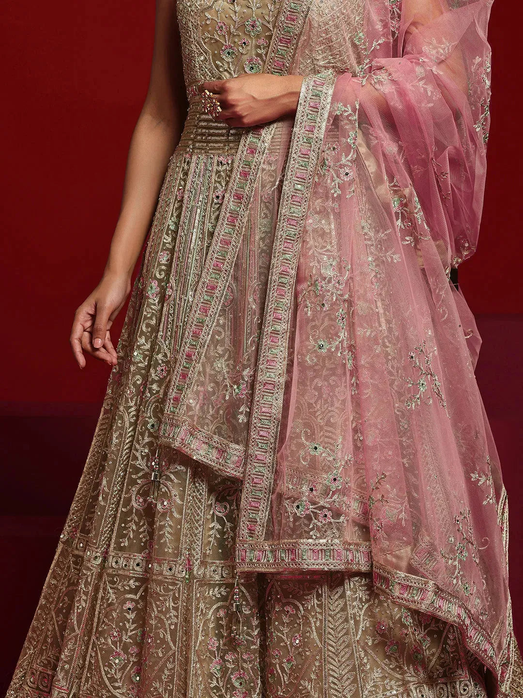  Libas Art Beige Embellished Nylon Gown With Dupatta 