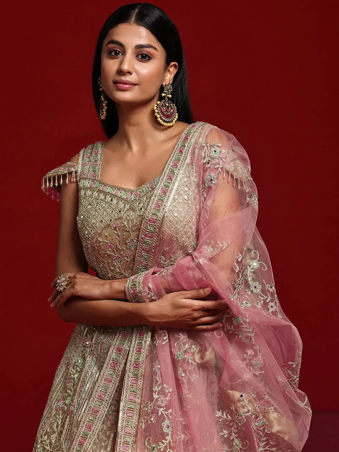 Libas Art Beige Embellished Nylon Gown With Dupatta 